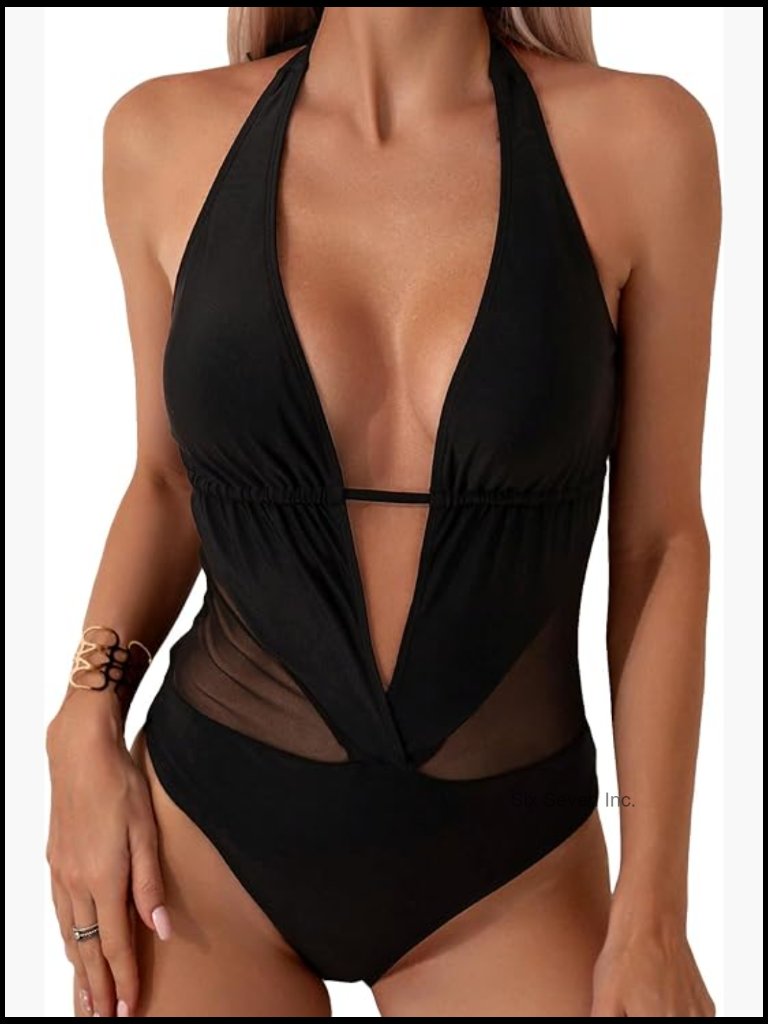 Deep V Neck Halter Mesh Monokini One Piece Swimsuit Bathing Suit